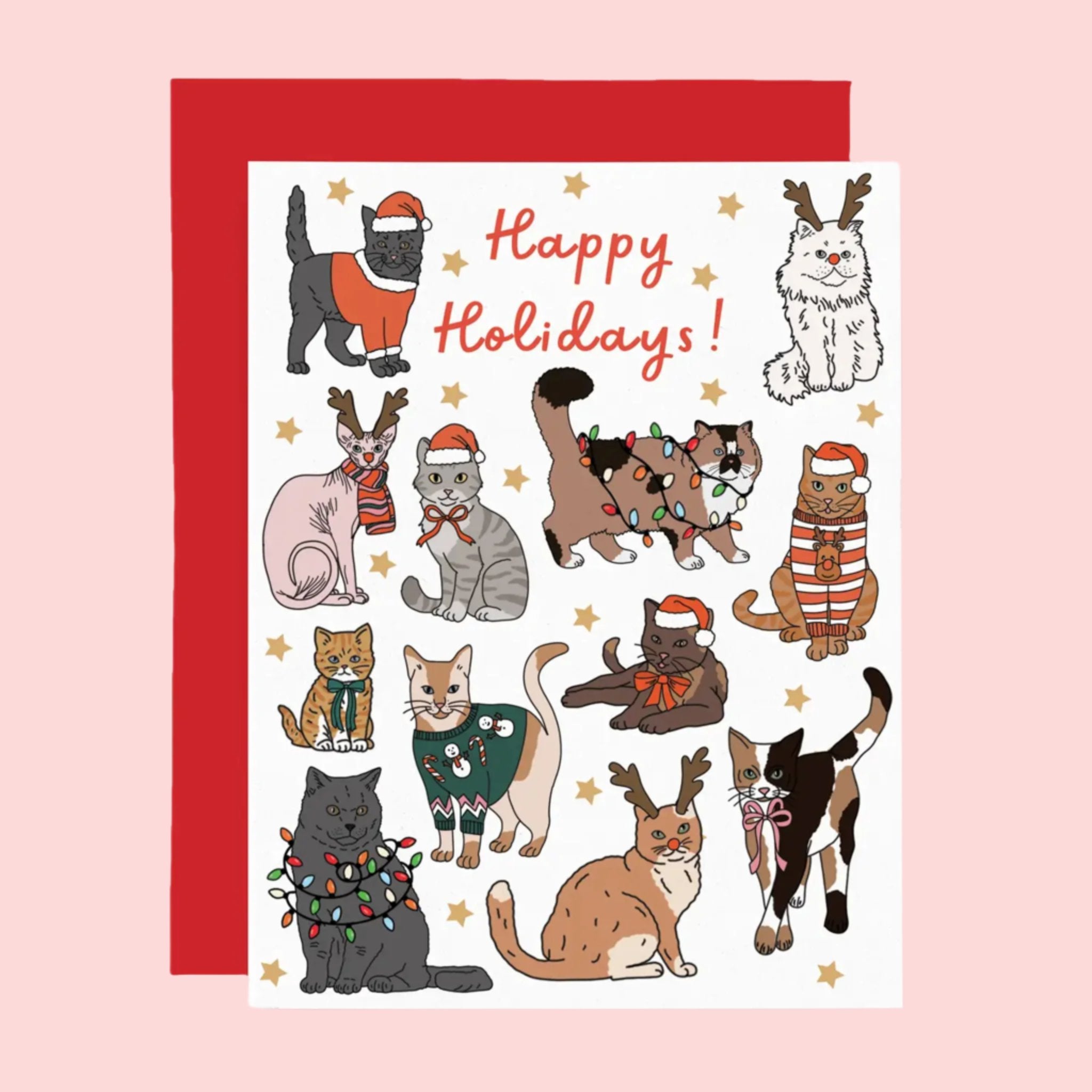 A white card with a variety of different colored and sized cat illustrations dressed in festive accessories and text at the top that reads, &#39;Happy Holidays&#39;. 