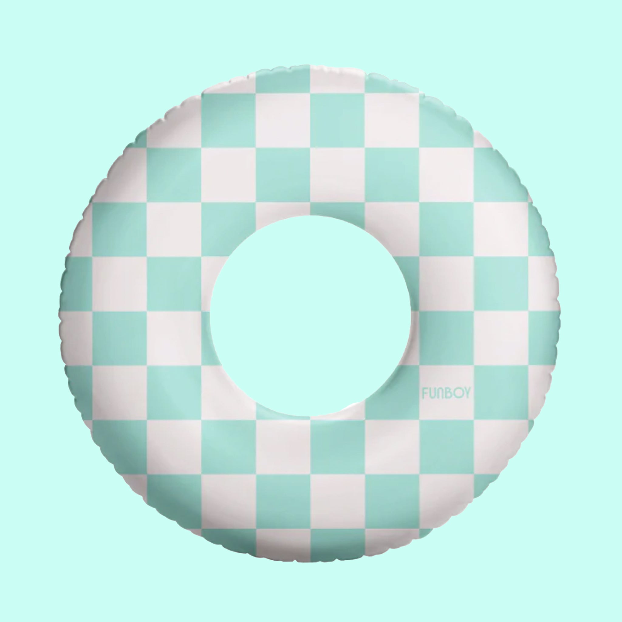 On a blue background is a blue and white checker pool ring float. 