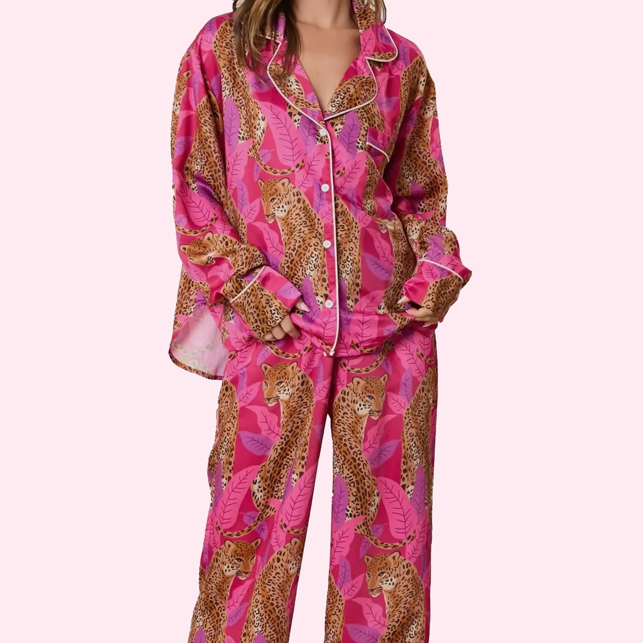 A pink cheetah print satin pajama pant. 