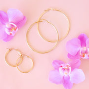 Gold hoops in two sizes shown on a pink background with purple orchid flowers. 