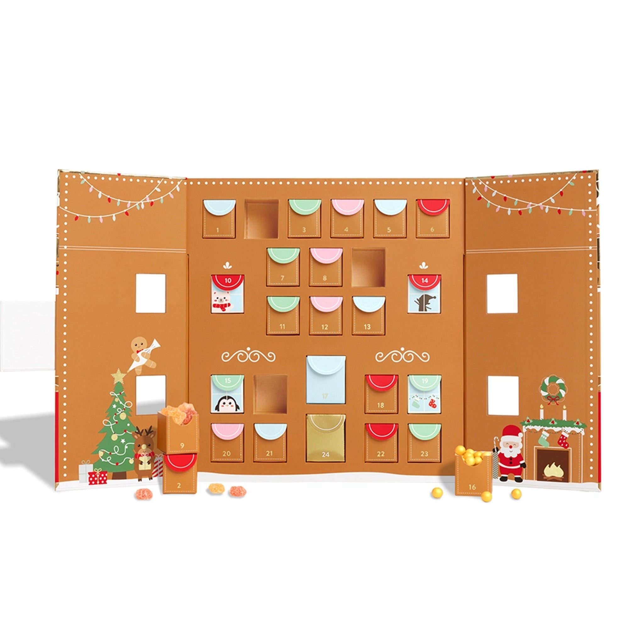 A candy advent calendar with multi colored roof and red door. 