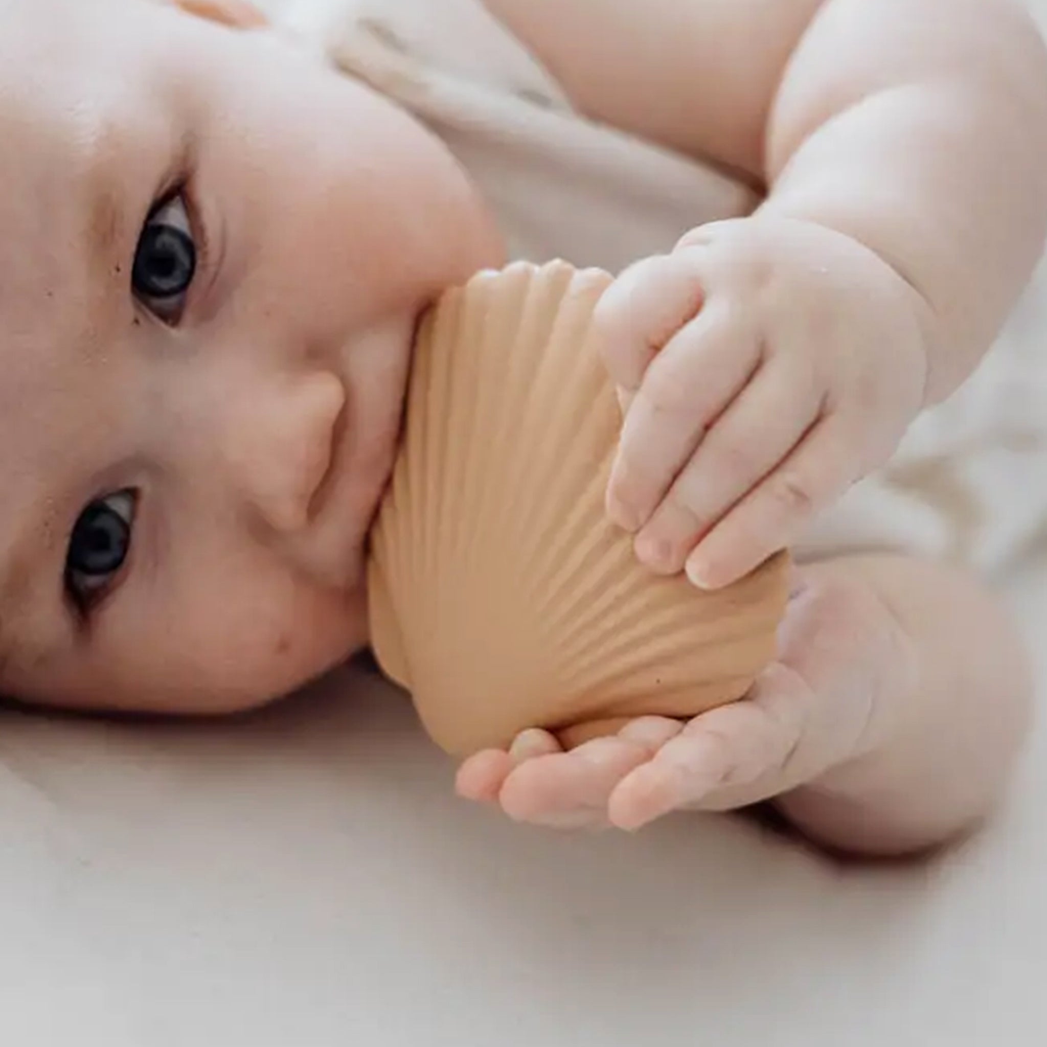 A silicone teether in the shape of a seashell.