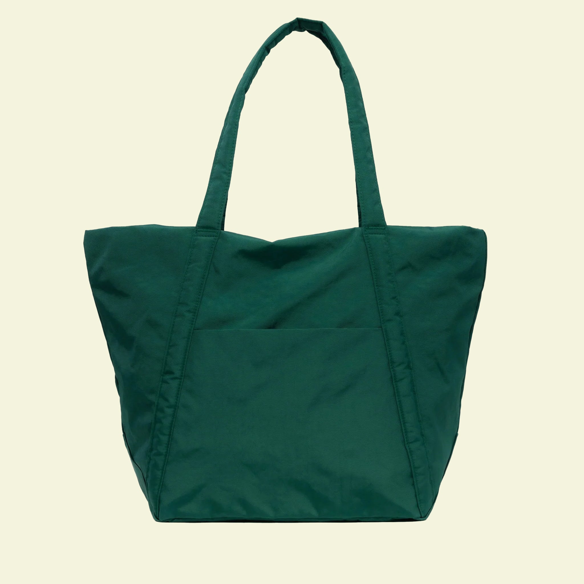 A dark green nylon tote bag with two hand straps and a front pocket.