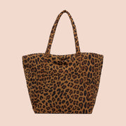 A leopard print puffer tote bag. 