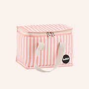 An ivory and coral striped square lunch box. 