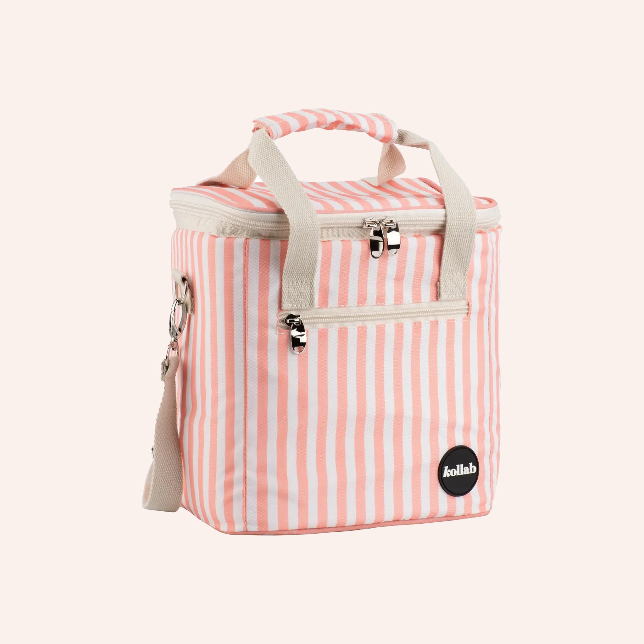 A coral stripe and ivory mini cooler lunch bag. 