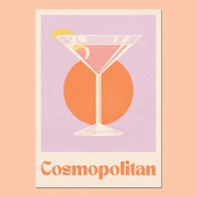 a cosmopolitan cocktail illustration with a lemon twist garnish sits on a purple background. text reads cosmopolitan