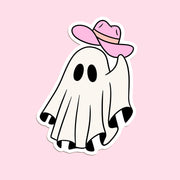 A ghost shaped sticker wearing a pink cowboy hat. 