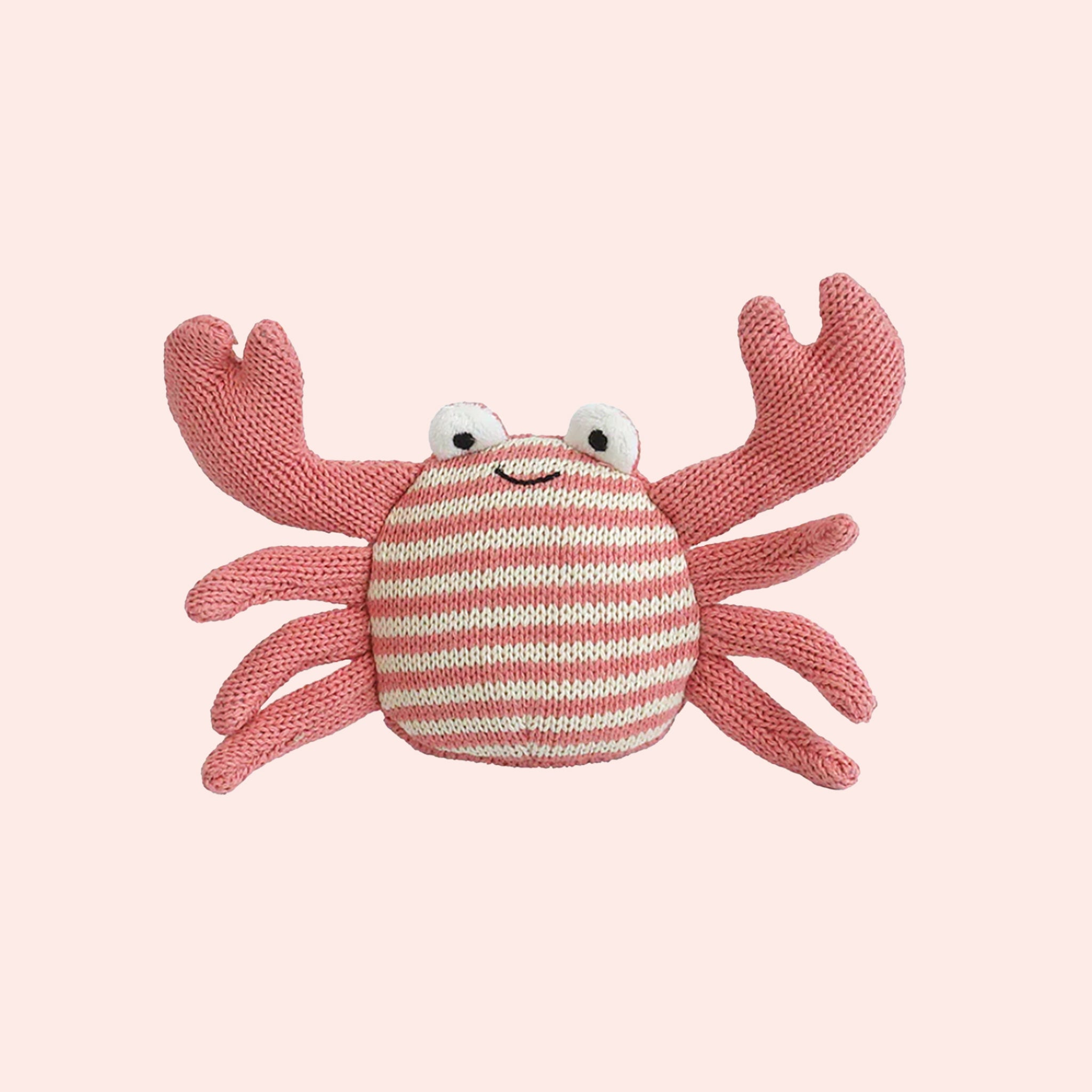 A striped cotton and polyester crab shaped rattle / toy. 