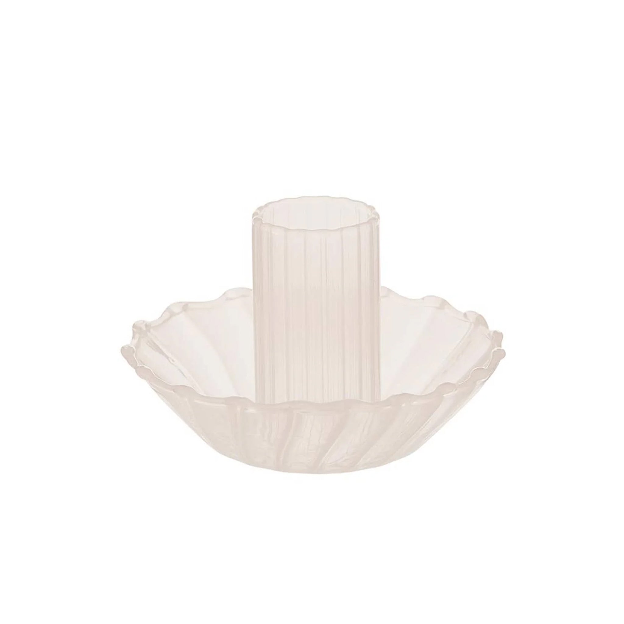 A cream glass taper candle holder with a wavy rim around the bottom. 