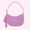 A pinkish purple crescent shaped nylon handbag with an adjustable strap. 