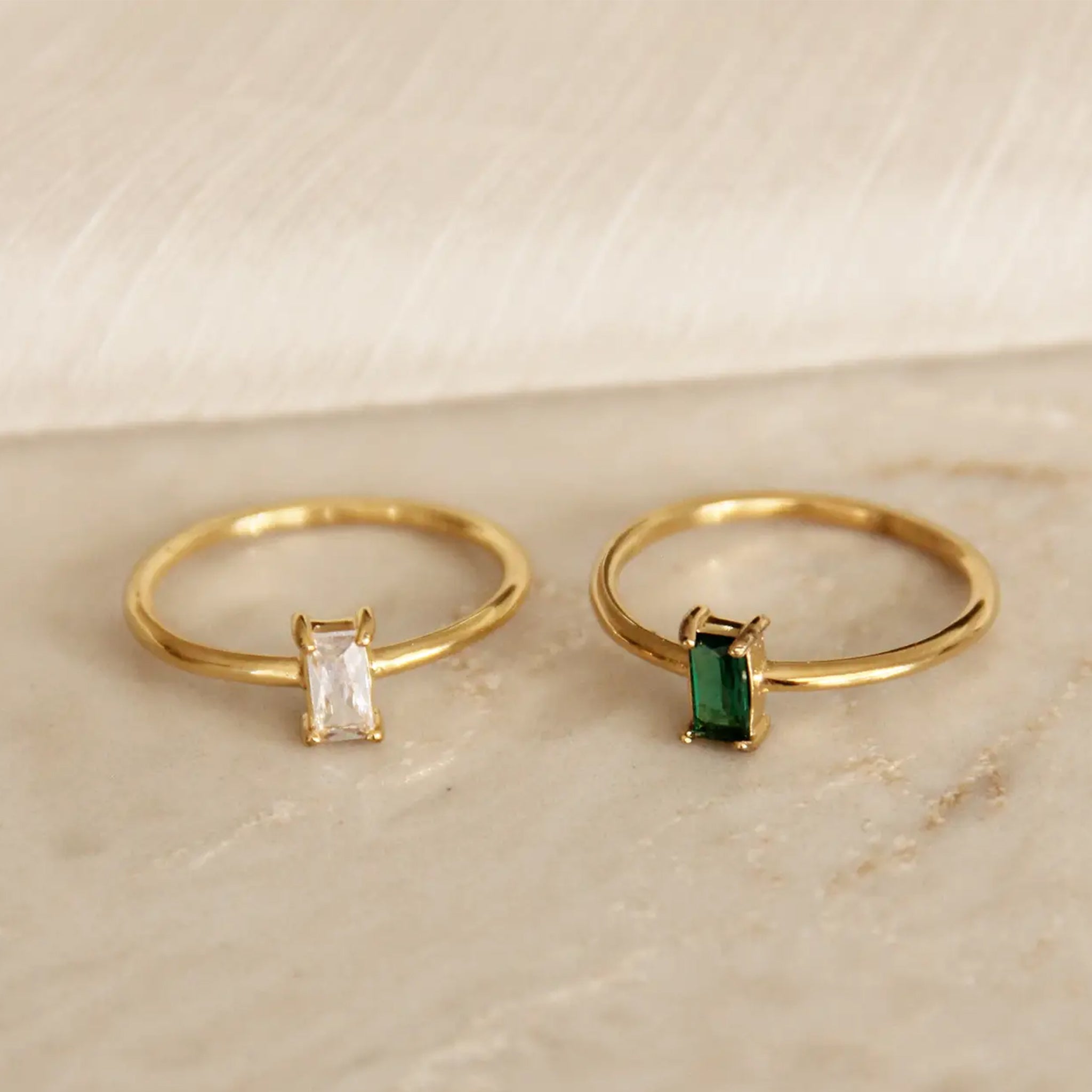 A gold band ring with green emerald cz stone in the center. 