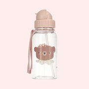 A clear water bottle for children with a bear on the front and a light pink sippy lid. 