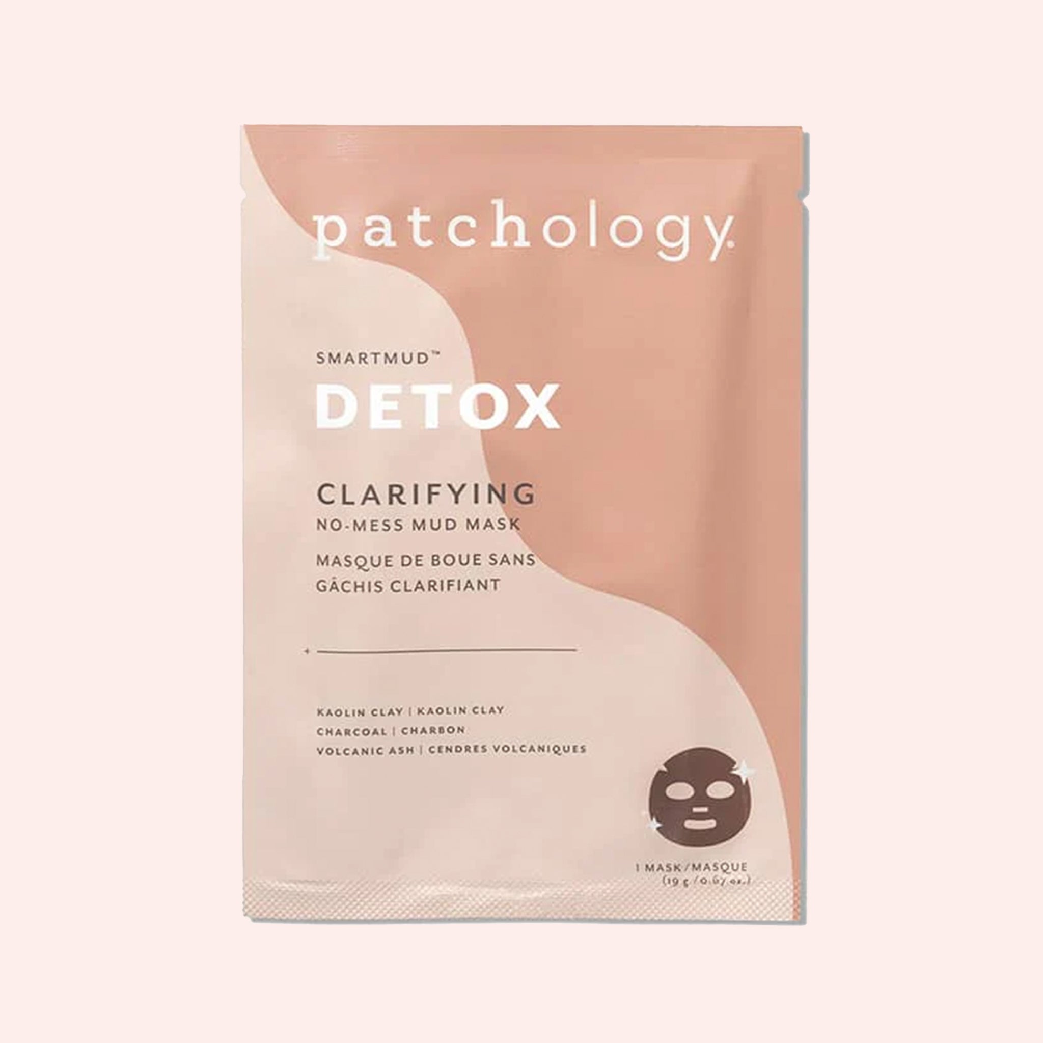 A mud mask made into a sheet mask in a pink two-toned package. 