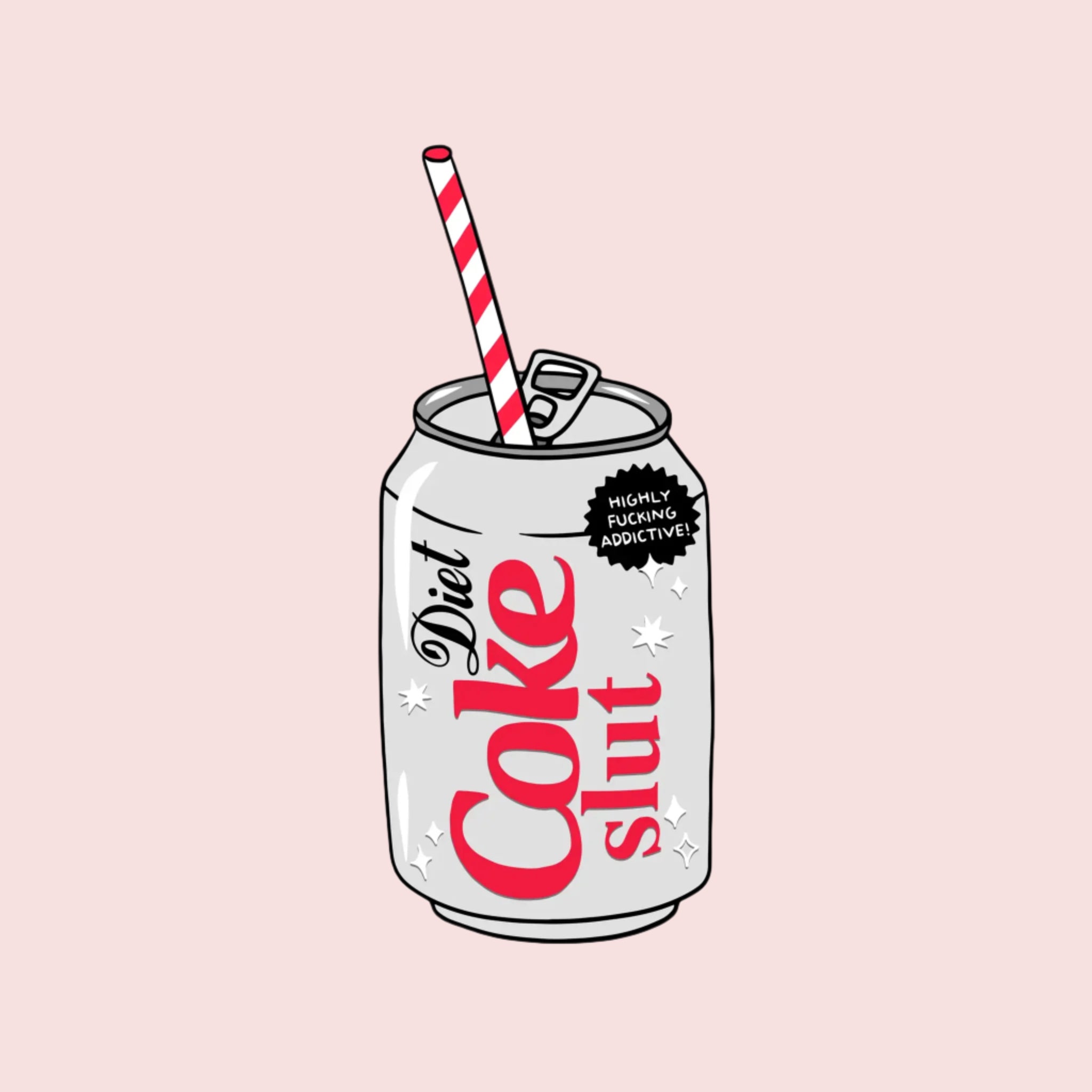 A grey and red sticker of a Diet Coke can and a red and white striped straw with text that reads, 'Diet Coke Slut'. 