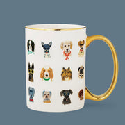 White ceramic mug covered in dog portraits or various breeds dressed in a mix of glasses and bow ties. The mug has a reflective gold handle and rim. 