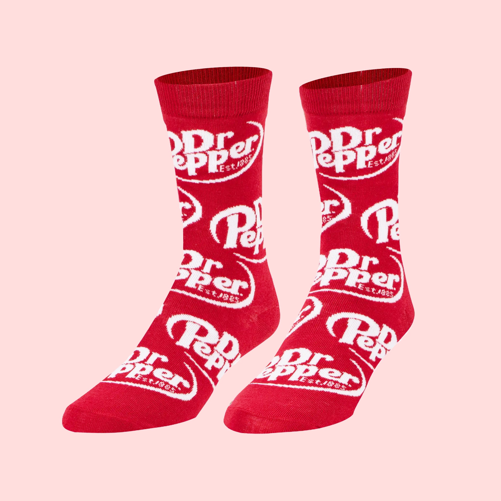A pair of red socks with the Dr. Pepper logo on them. 