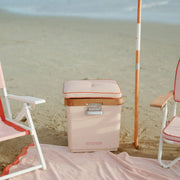 A light pink cooler with beautiful silver and gold details and a pink cushion on top.