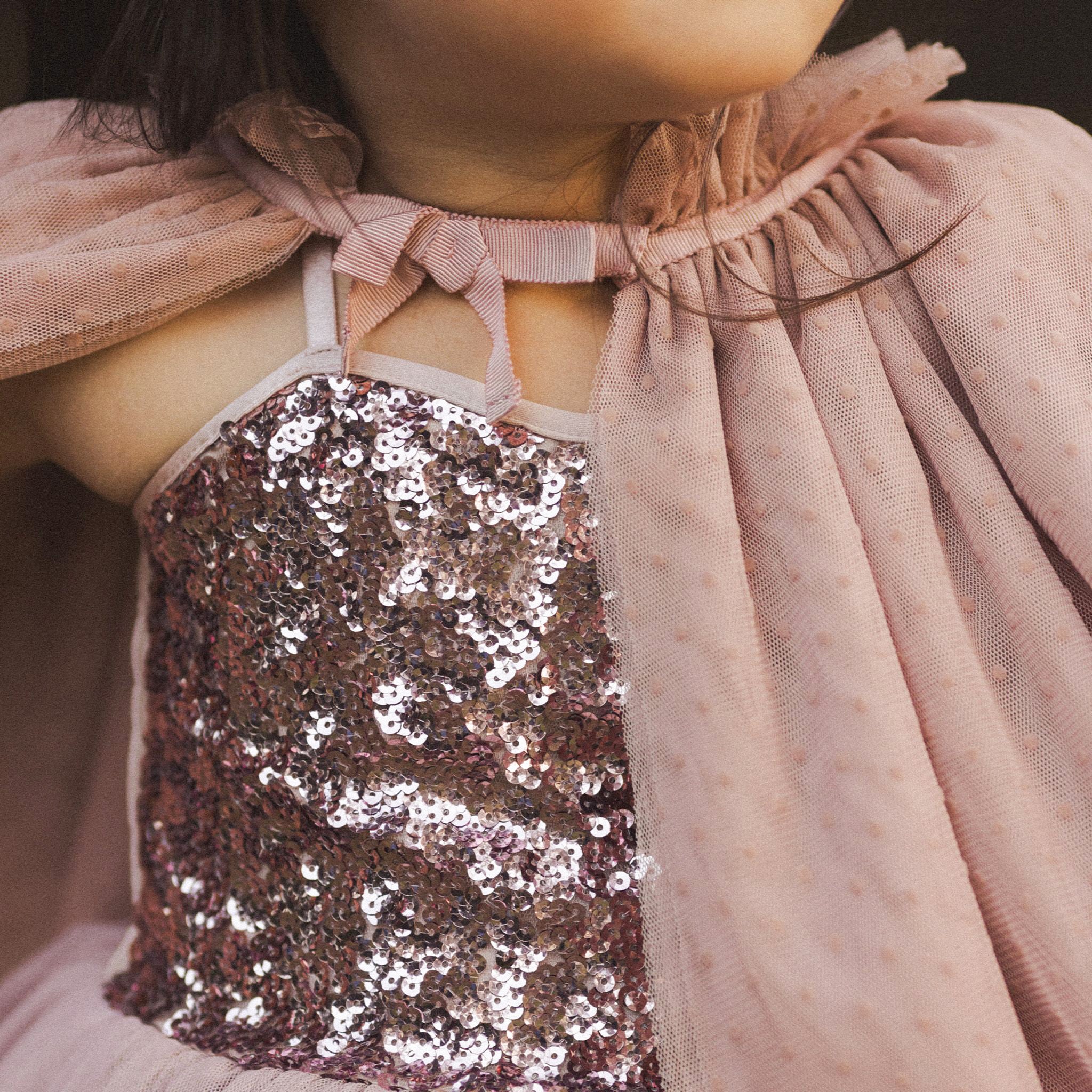 A dusty pink and rose gold sequin tutu with ruffle back strap details and snap closure.