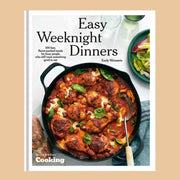 A neutral book cover with a one pan meal in the center and black text that reads, 'Easy Weeknight Dinners'. 