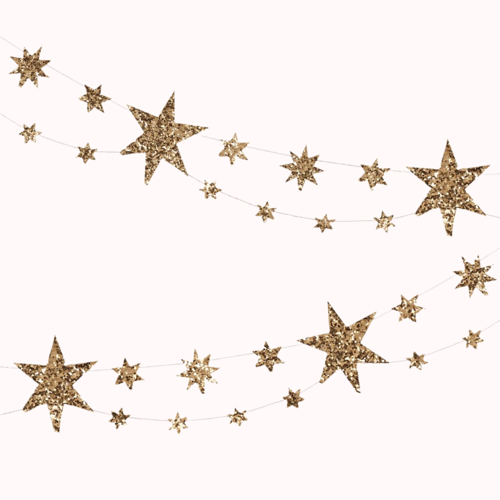 A double lined star garland made of thick paper along with chunky gold glitter on the front. The stars vary in size and alternate.