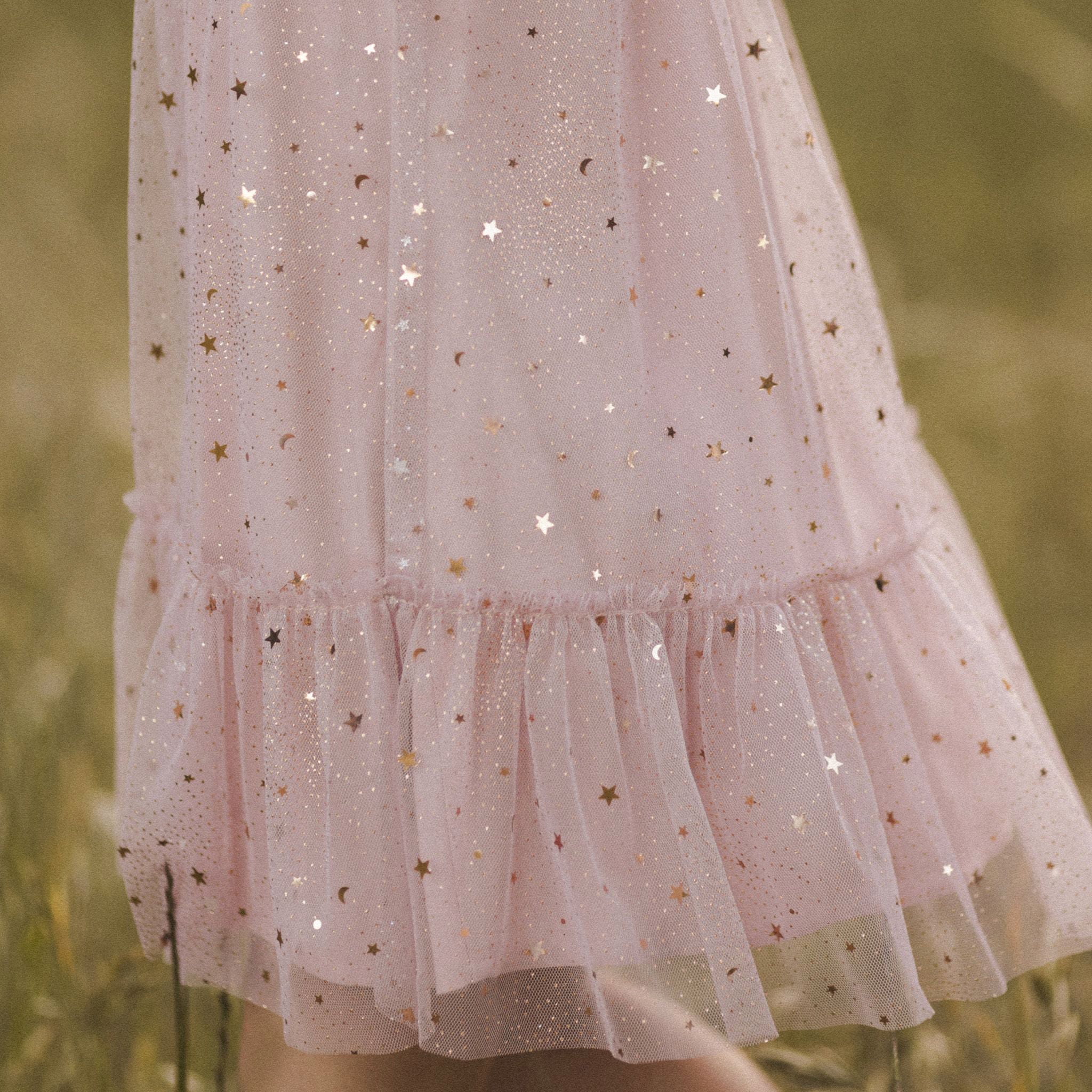 A pink tulle dress with flutter sleeves, and rose gold stars. 