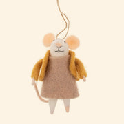 A mouse shaped ornament wearing a tan dress and yellow jacket. 