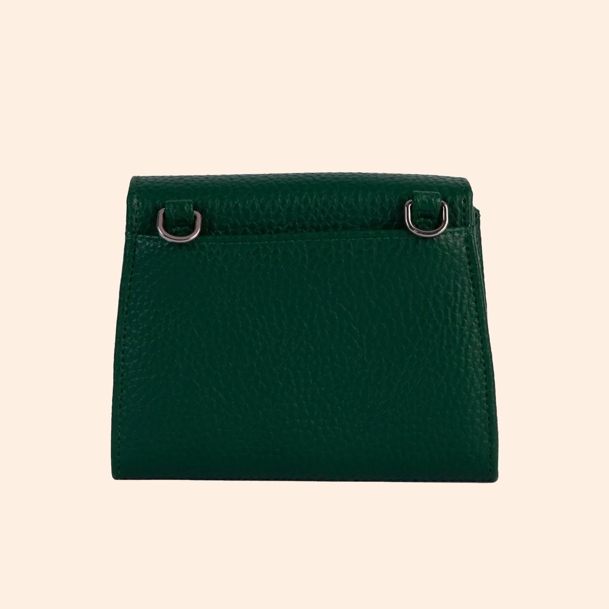 A dark green wallet with a removable crossbody strap. 