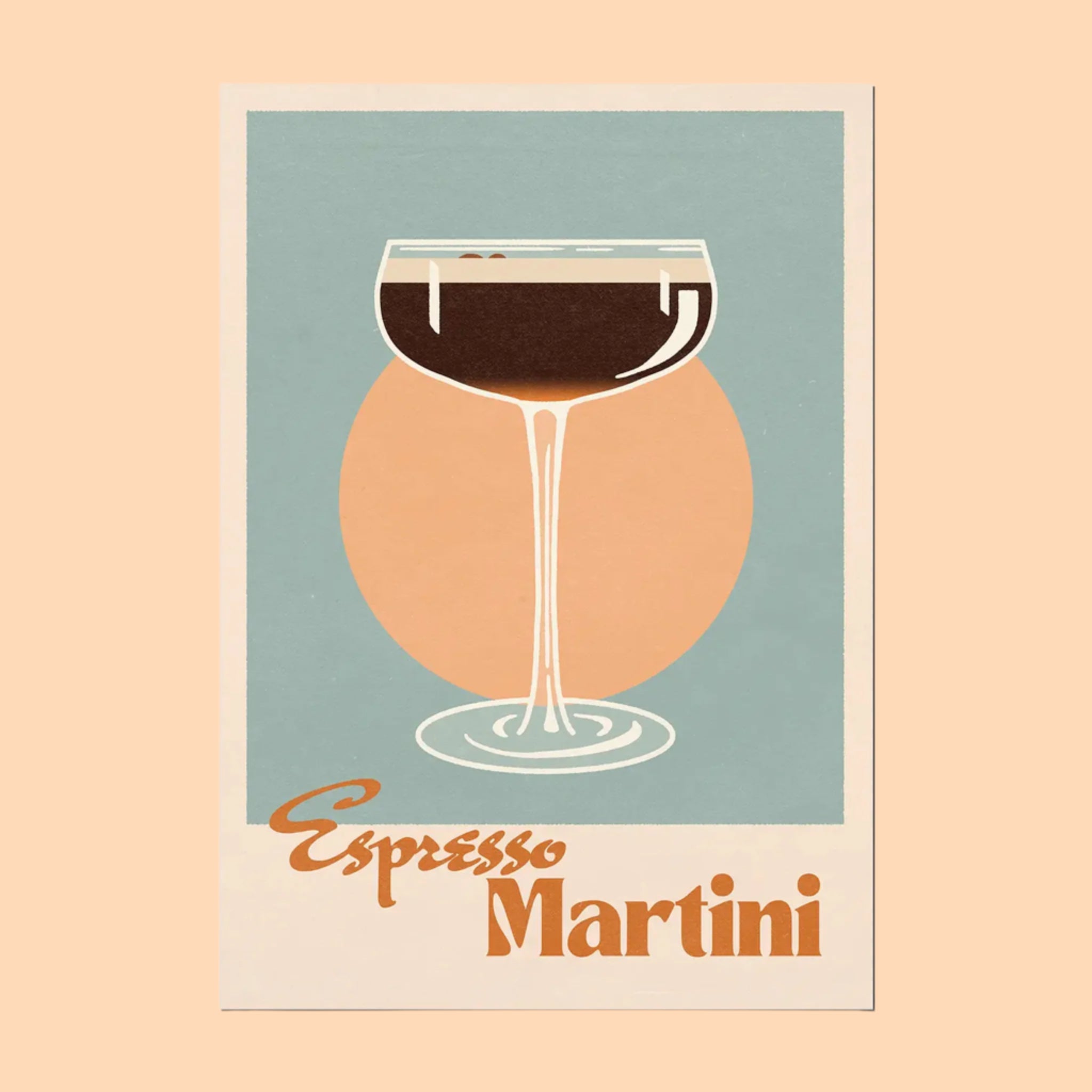 A blue and orange art print with a graphic of a coupe glass filled with an espresso martini and burnt orange text along the bottom that reads, 'Espresso Martini'. 