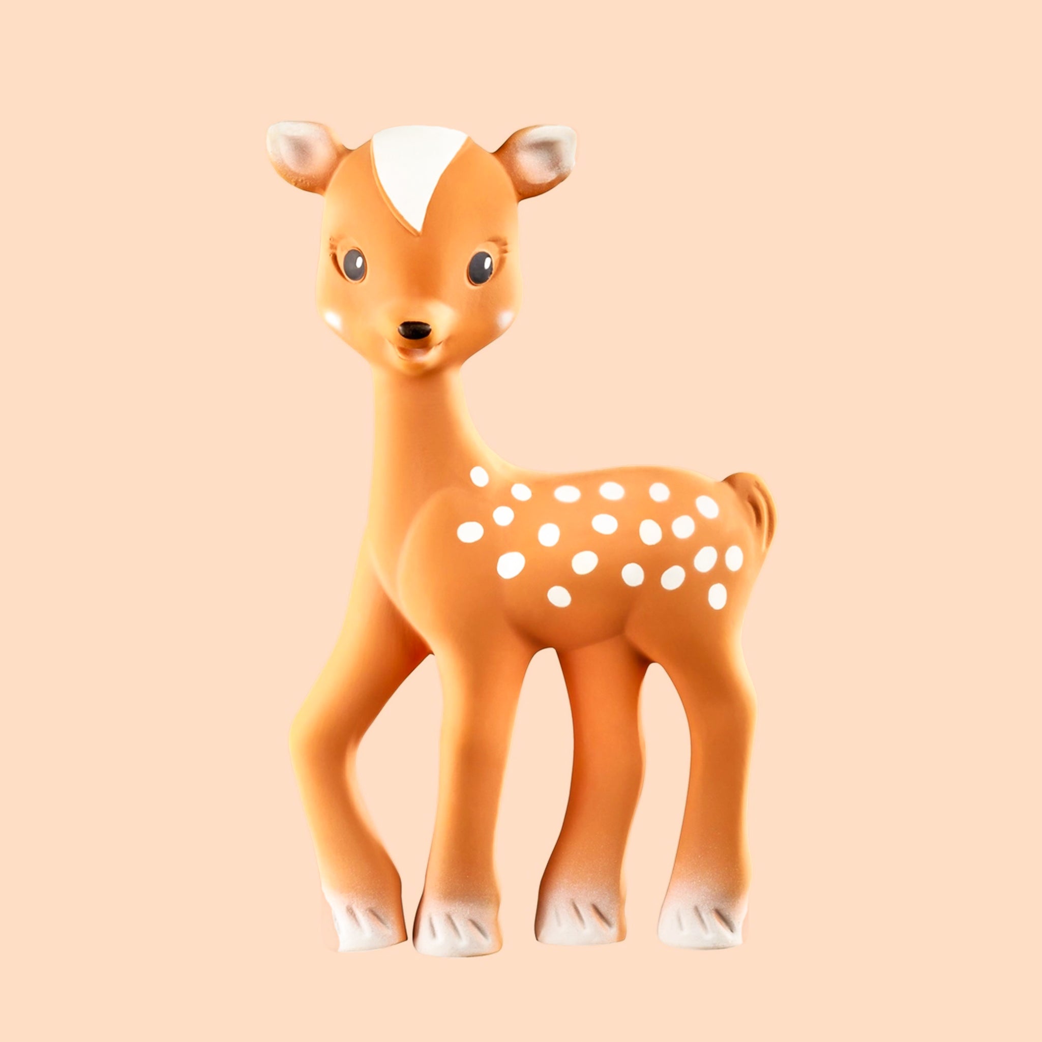 A fawn children's toy with cream accents.
