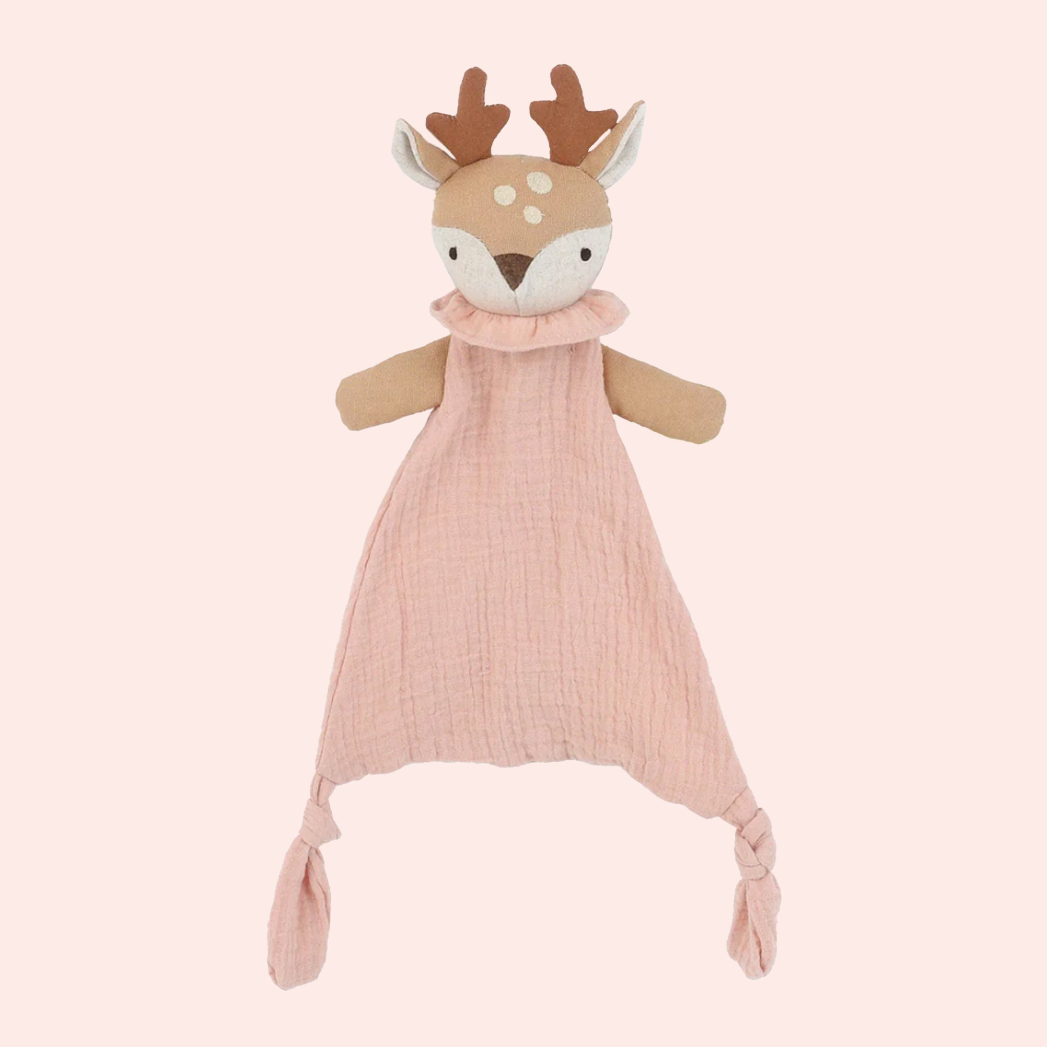 A pink muslin blanket with an adorable fawn shaped head at the top for extra cuddling. 