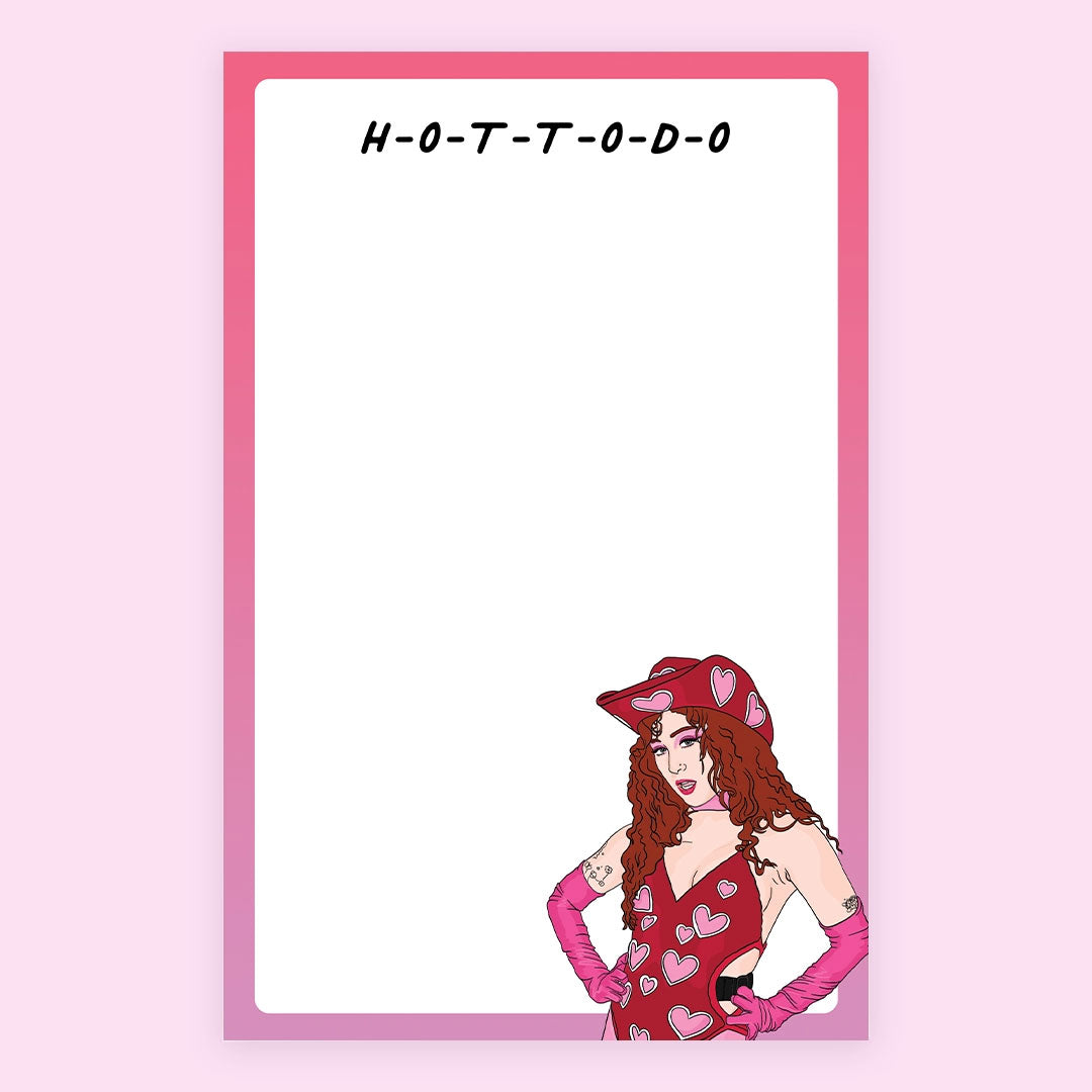 A white notepad with an illustration of musical artist Chappell Roan at the bottom right corner. The borders of the notepad are pink and the text at top reads &quot;H-O-T-T-O-D-O&quot;