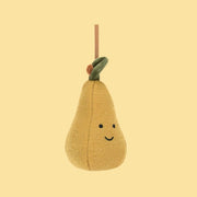 A green pear shaped stuffed toy ornament with a smiling face and loop for hanging. 