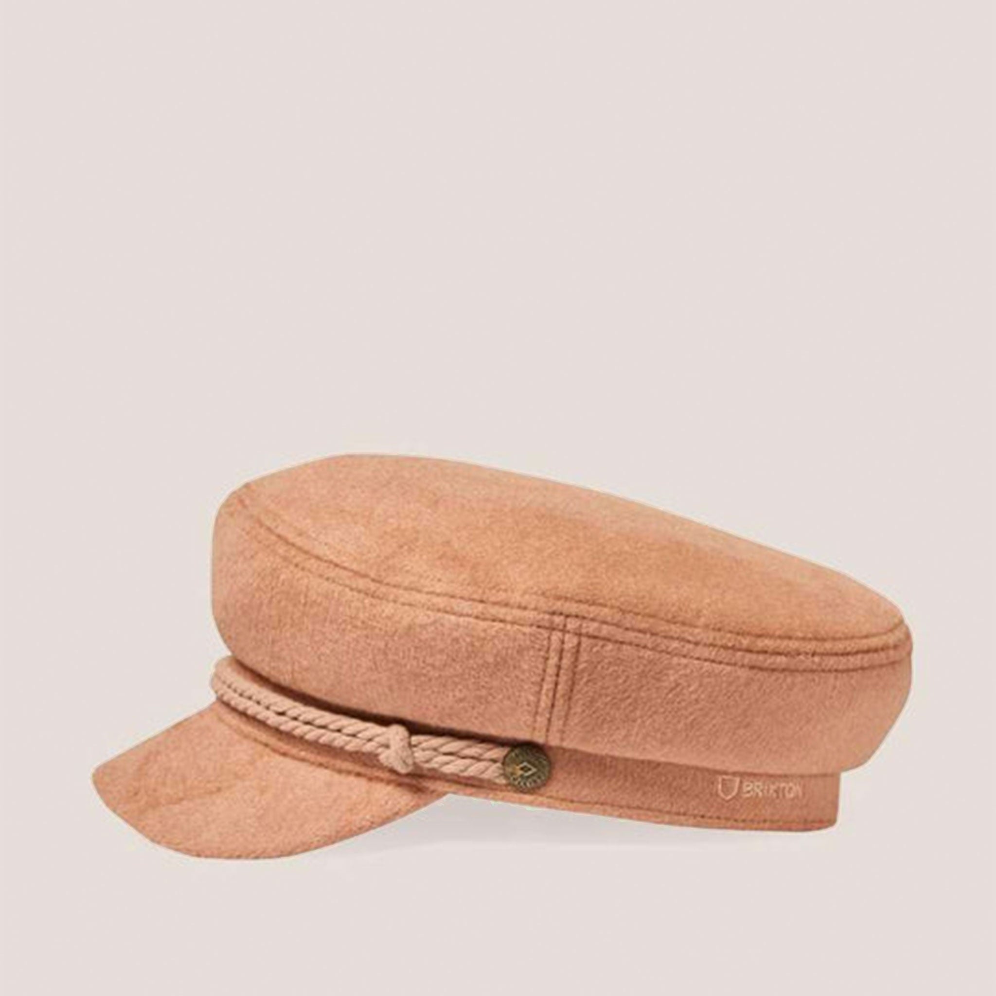 a light brown brimmed cap with rope detail along the front