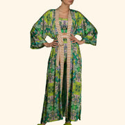 A green floral print satin kimono robe with a waist tie detail. 