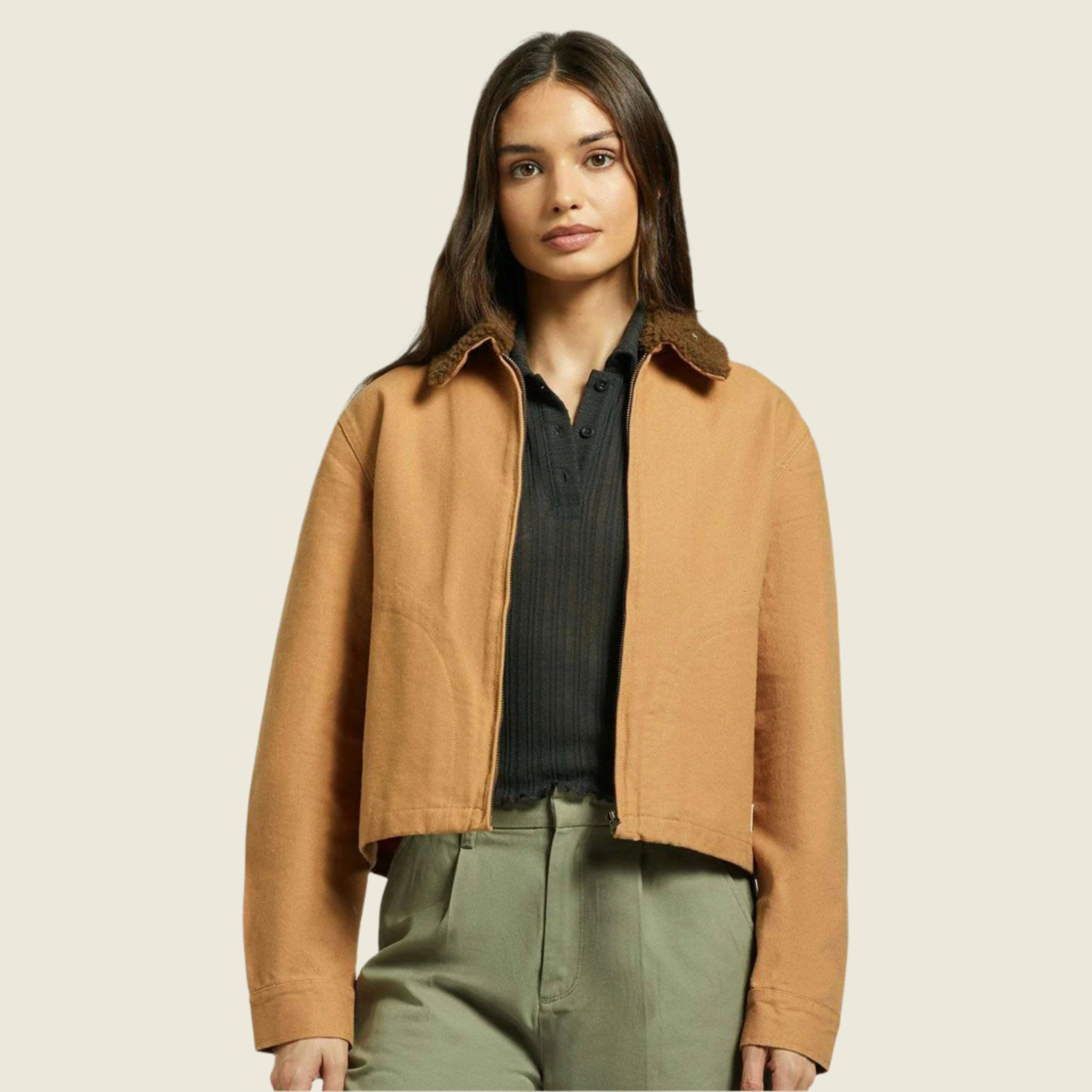 A brown work style jacket with a brown collar. 