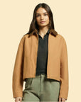 A brown work style jacket with a brown collar. 