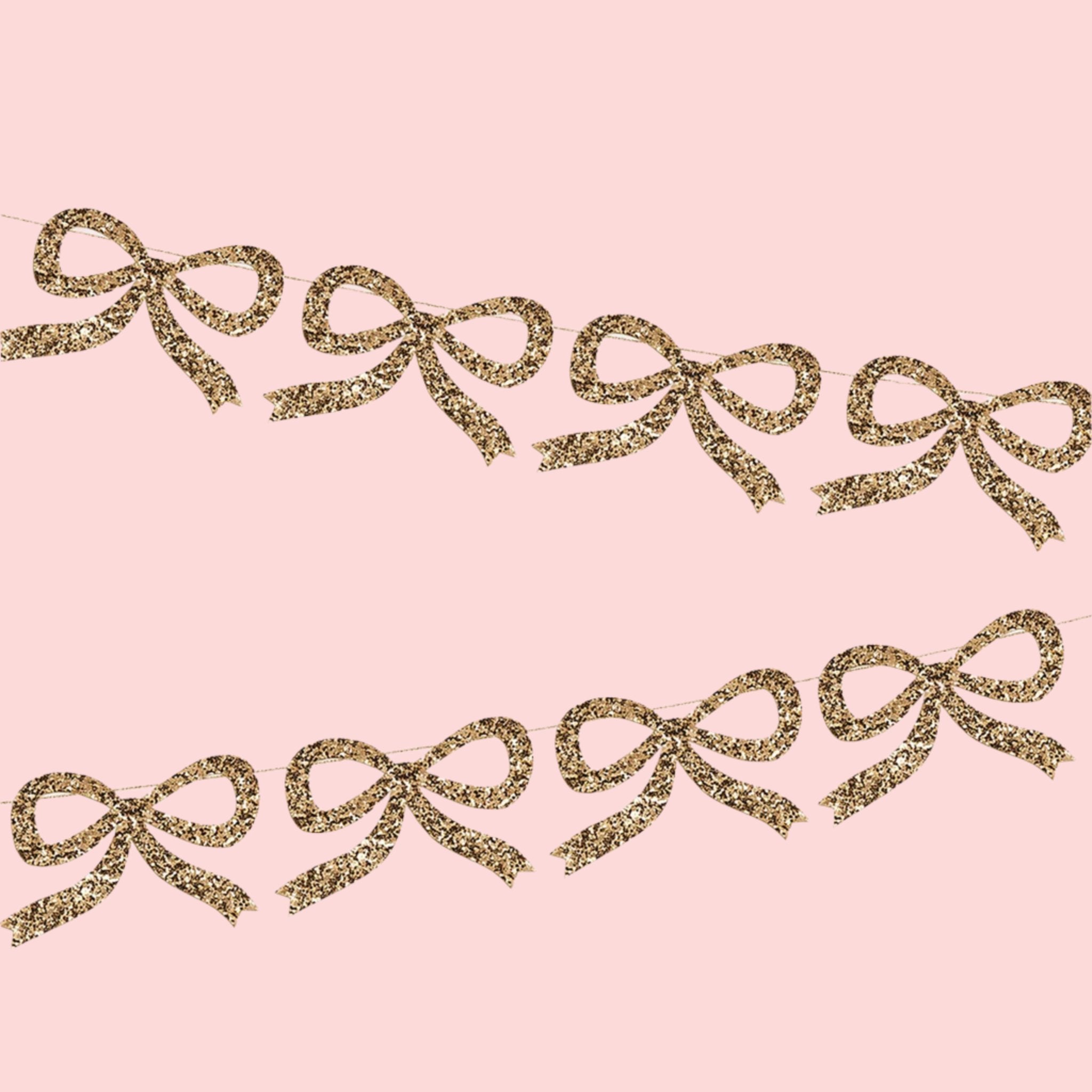 A garland made of gold glitter bow shaped paper cutouts. 