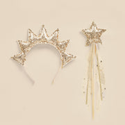 A gold sequin crown headband and star shaped wand for kids.