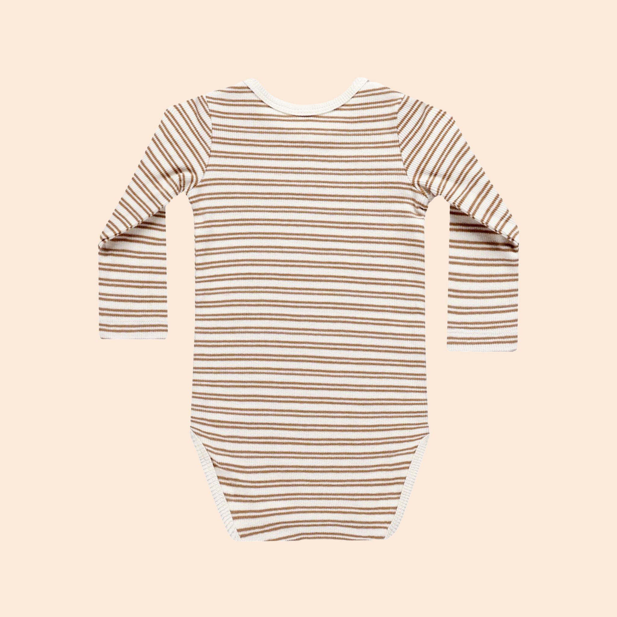 A striped long sleeve bodysuit for babies with snap closures at the shoulder and bottom for easy changing.