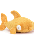 On a white background is a yellow stuffed toy fish with puffy eyes and lips. 