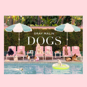 A book cover with a photo of different breeds of dogs sitting by a pool with umbrellas. 