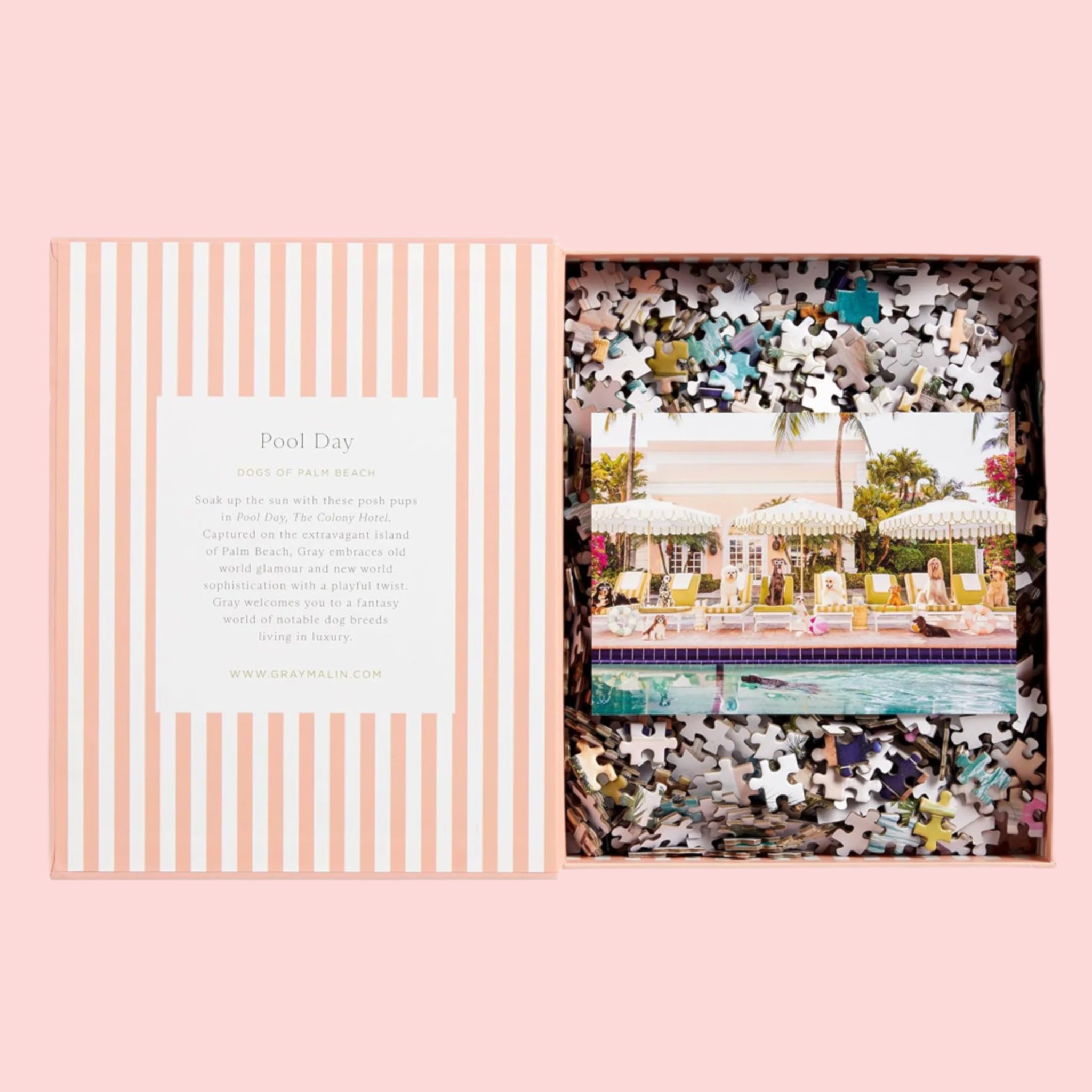 A peachy pink boxed puzzle with a photo of poolside image of dogs and text that reads, &#39;Pool Day Palm Beach&#39;. 