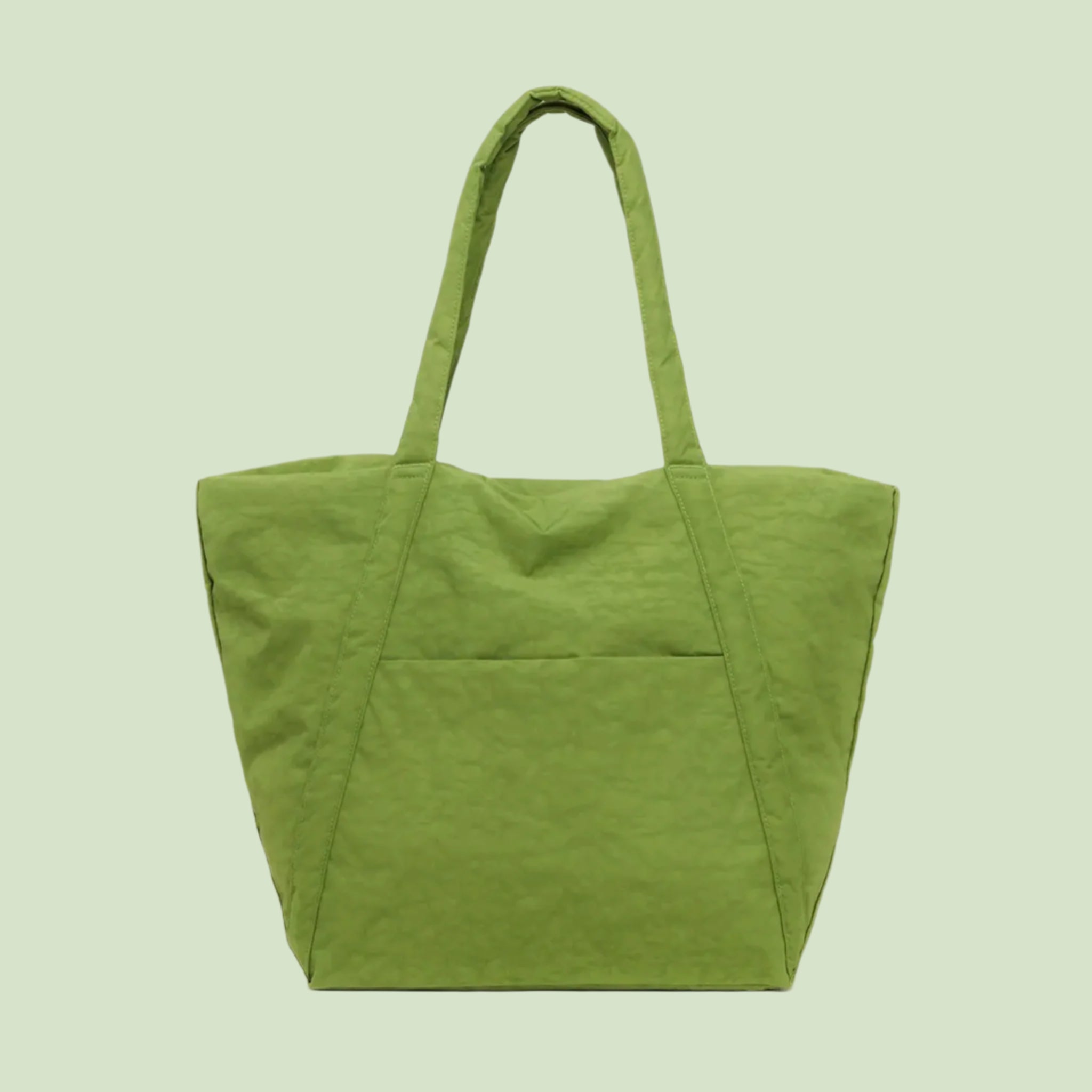 A green puffer tote bag. 