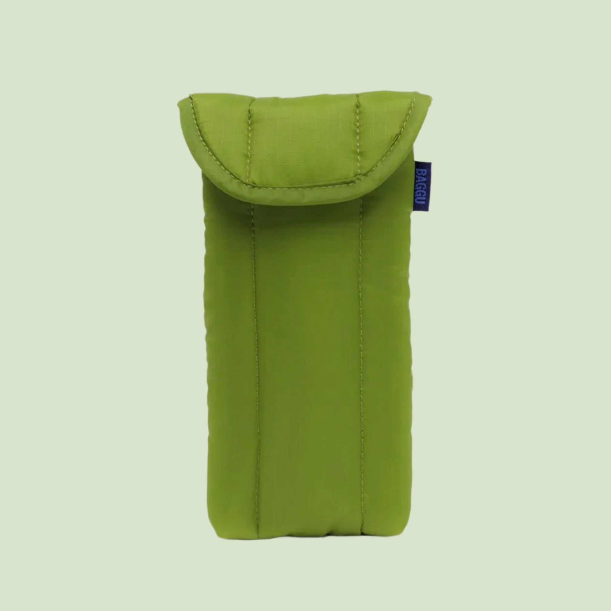 A green puffy eyeglass sleeve. 