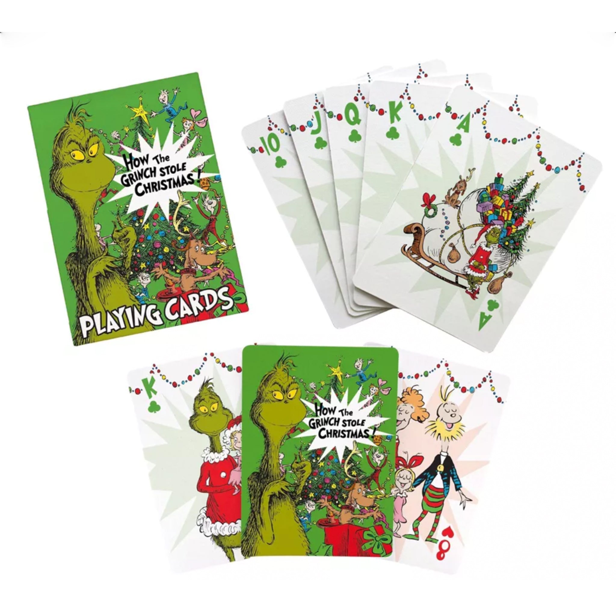 A deck of green Grinch themed playing cards. 