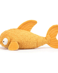 On a white background is a yellow stuffed toy fish with puffy eyes and lips.