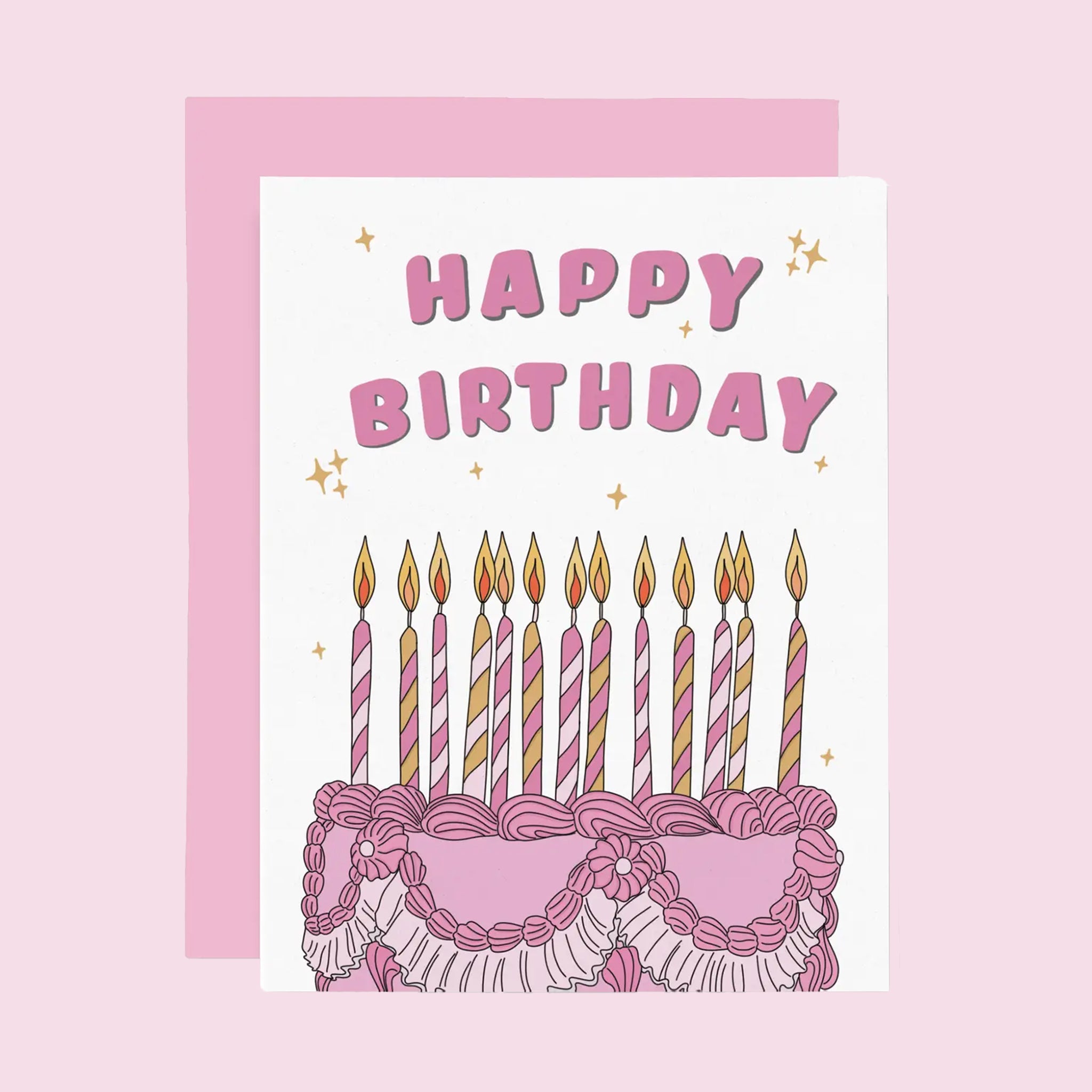A white birthday card with a graphic of a birthday cake with candles and text that reads, "Happy Birthday".  