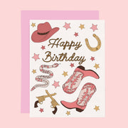 A white card with western graphics on it and rope text that reads, "Happy Birthday".