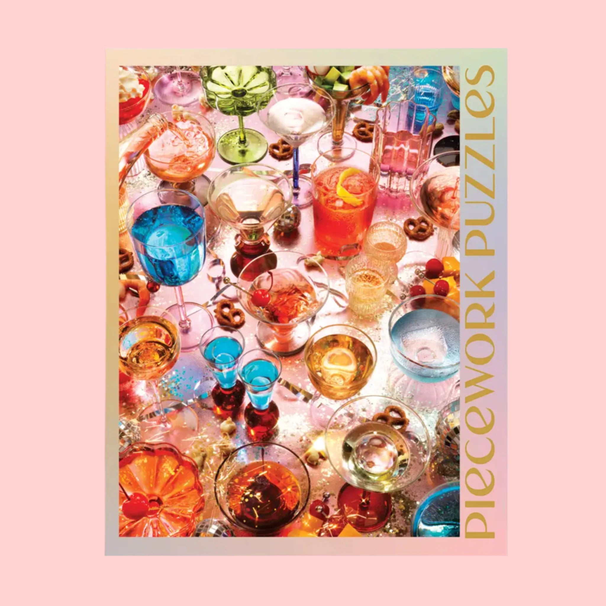 A boxed puzzle with an image of assorted drinks in various cups with different colored beverages and text that reads, &#39;Happy Hour&#39;, &#39;Piecework Puzzles&#39;. 